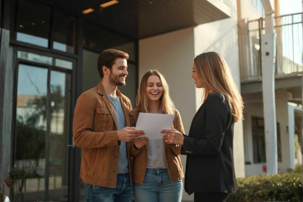 מחיר למשתכן ומחיר מטרה. זוג צעיר מחוייך מחזיק את המכתב המאשר להם זכאות למחיר למשתכן מול עורכת הדין שלהם.