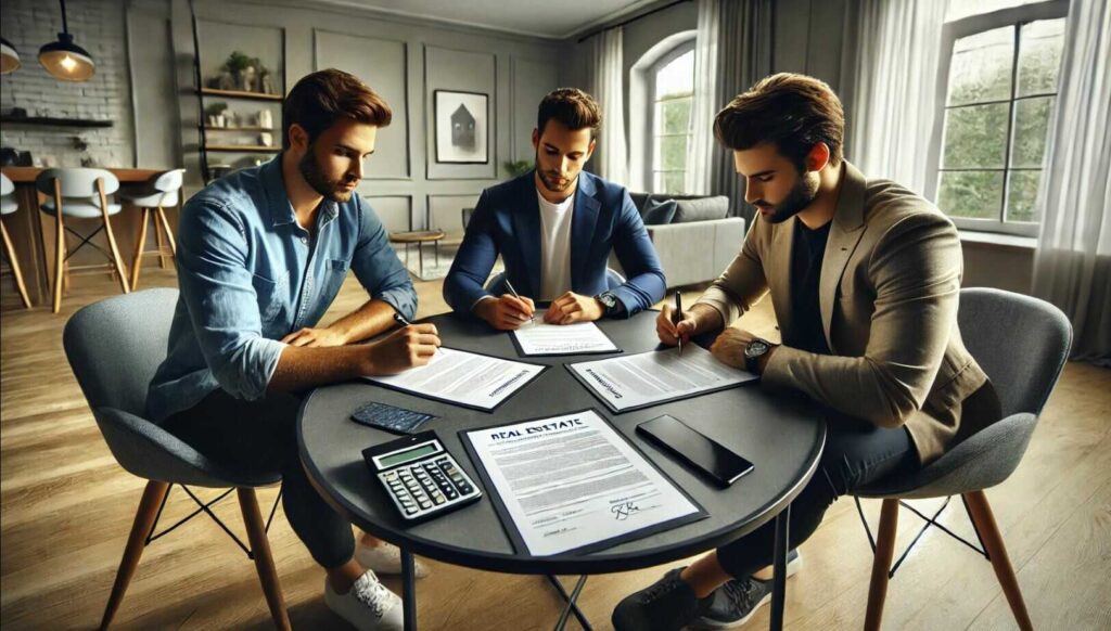 האם משתלם לרכוש דירה בשותפות מבחינת המיסוי? שלושה שותפים יושבים וחותמים על חוזה שותפות בדירה.