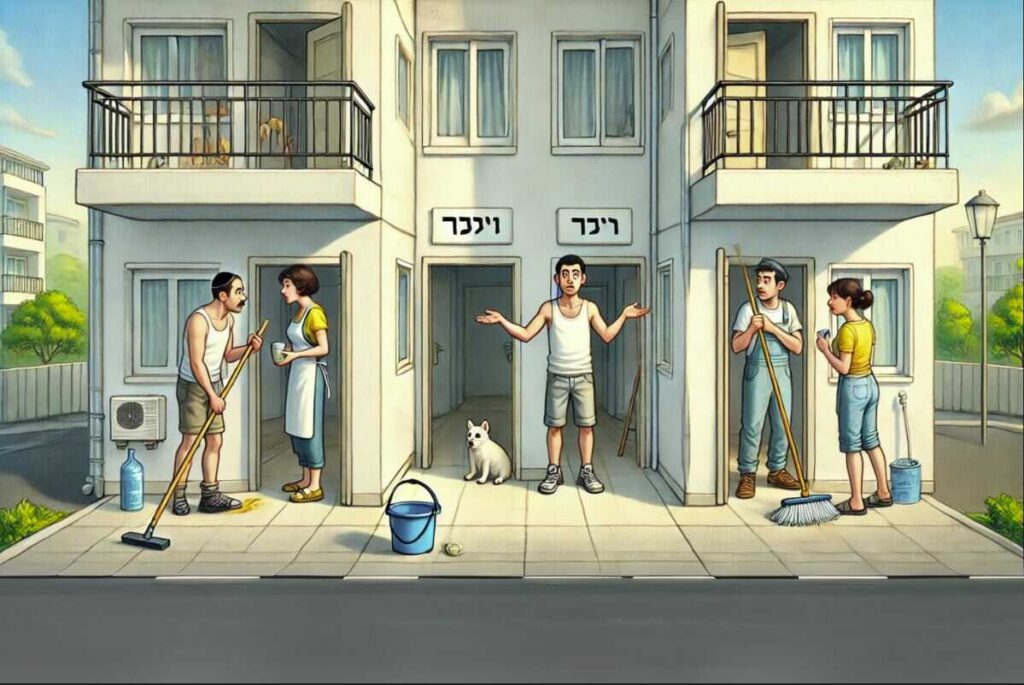 מס רכישה על שליש דירה- איור של 3 משפחות על בית שחולק ל3 חלקים.