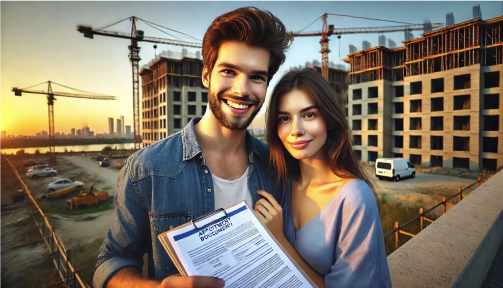 האם צריך עורך דין ברכישת דירה מקבלן? זוג מחוייך וברקע הבניין שבו יגורו כשהגבר אוחז בחוזה עם הקבלן