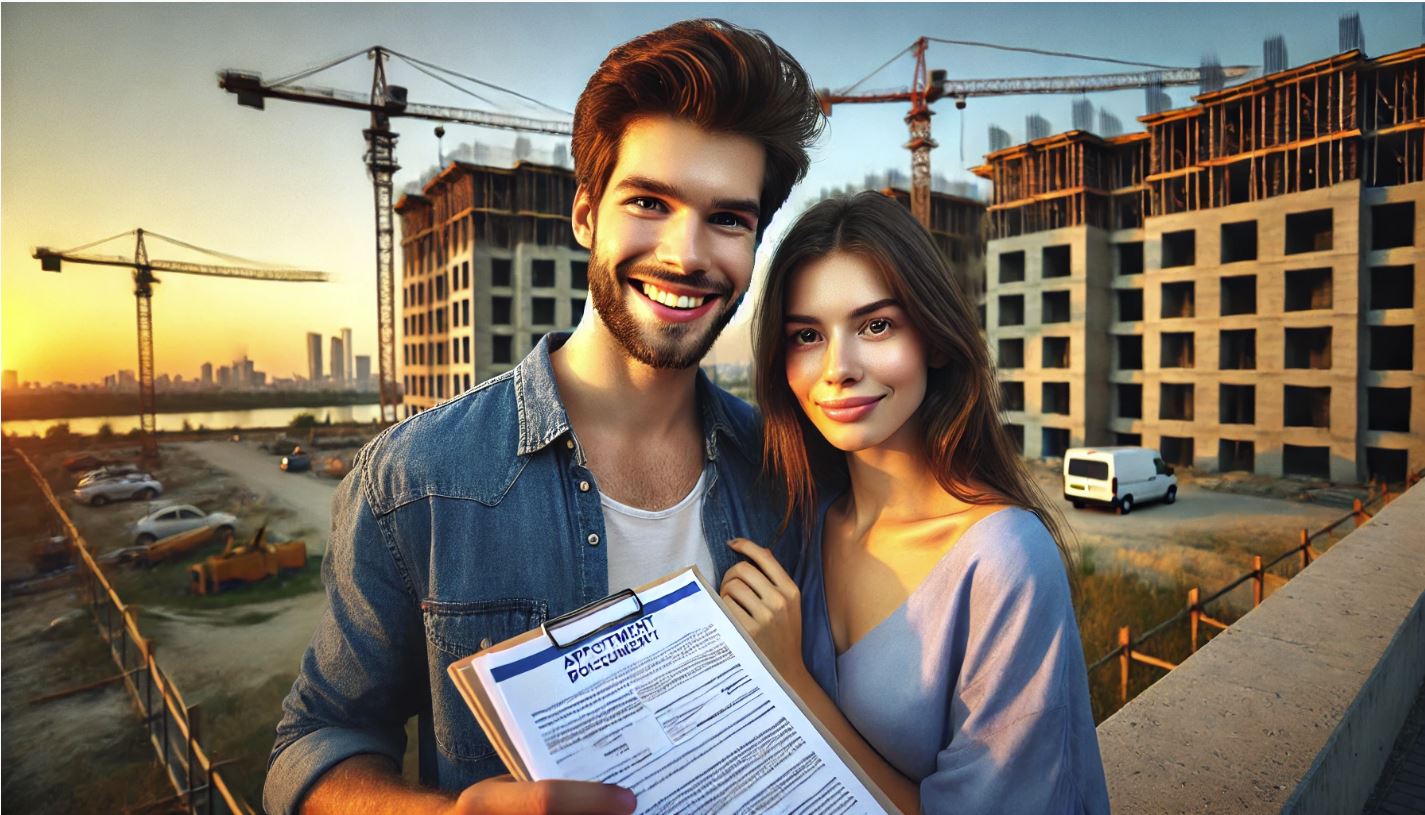 האם צריך עורך דין ברכישת דירה מקבלן? זוג מחוייך וברקע הבניין שבו יגורו כשהגבר אוחז בחוזה עם הקבלן
