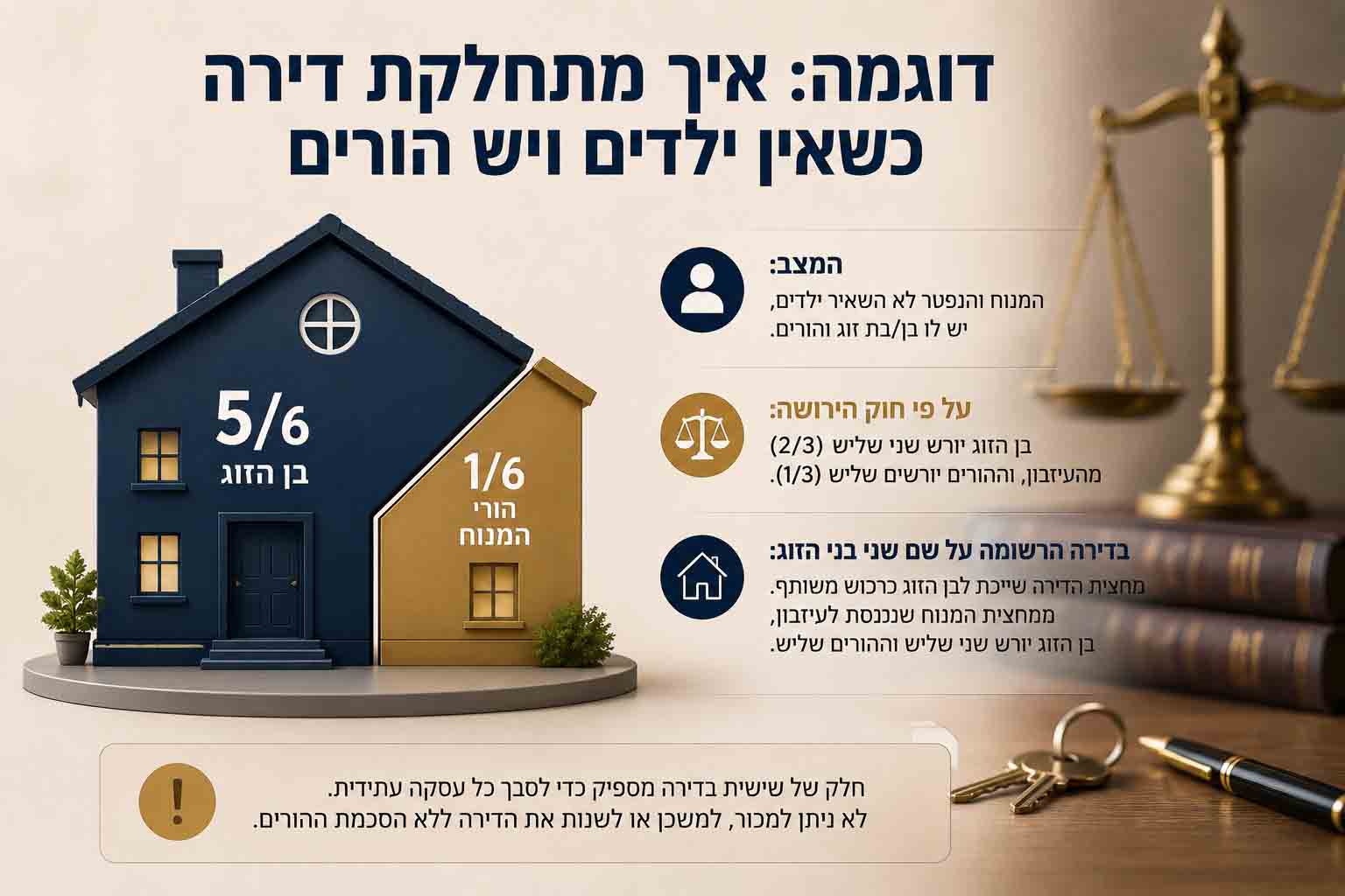 חלוקת דירה בירושה ללא צוואה כאשר אין ילדים ויש הורים – בן הזוג מחזיק בחמישה שישיות מהדירה והורי המנוח בשישית