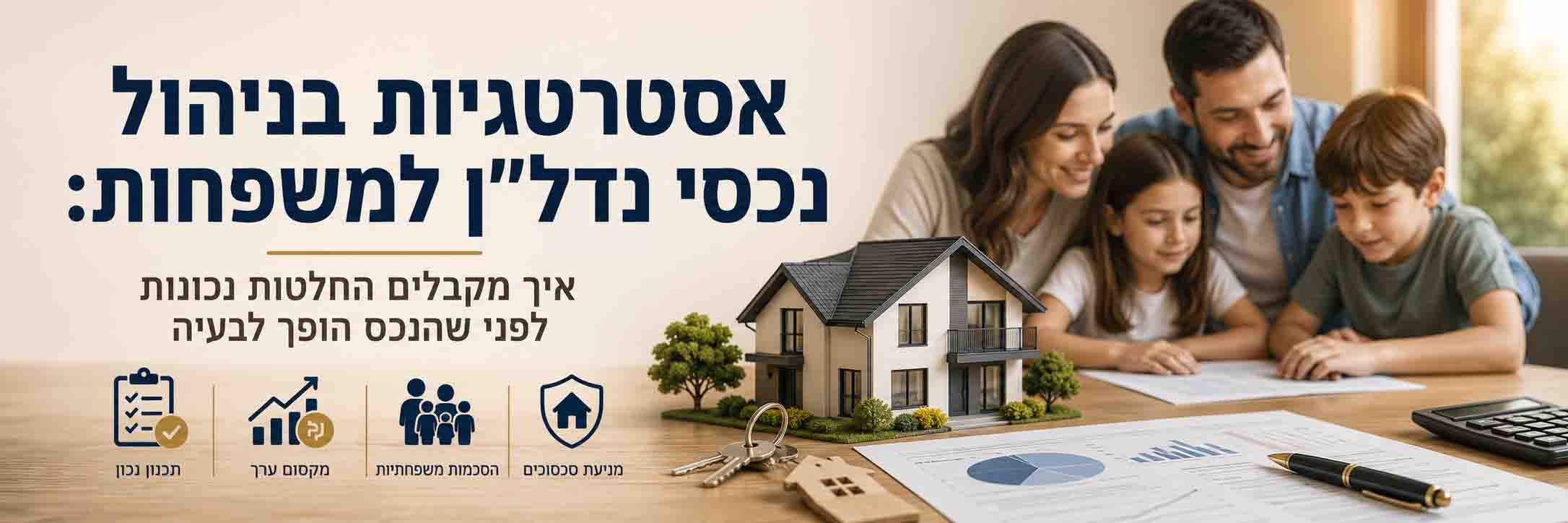 משפחה בוחנת אסטרטגיות לניהול נכסי נדל״ן, כולל תכנון, מיסוי, הסכמות משפחתיות וקבלת החלטות לפני מכירה או השכרה