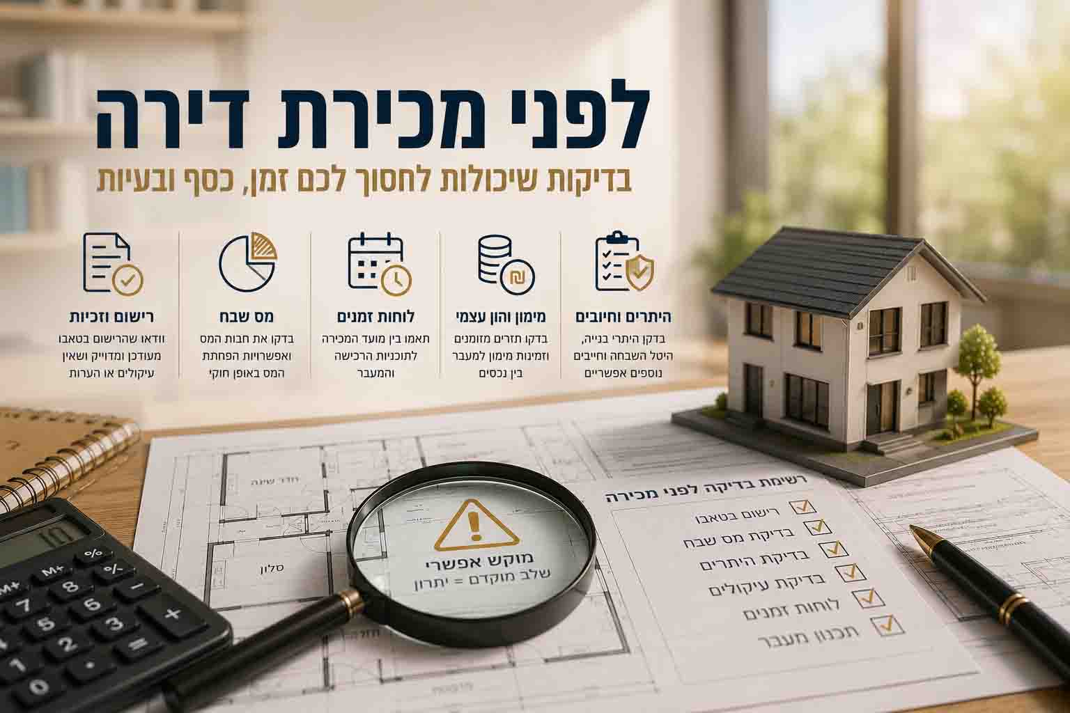 צ׳קליסט חזותי של בדיקות חשובות לפני מכירת דירה, כולל מס שבח, רישום זכויות, לוחות זמנים ומימון ביניים.