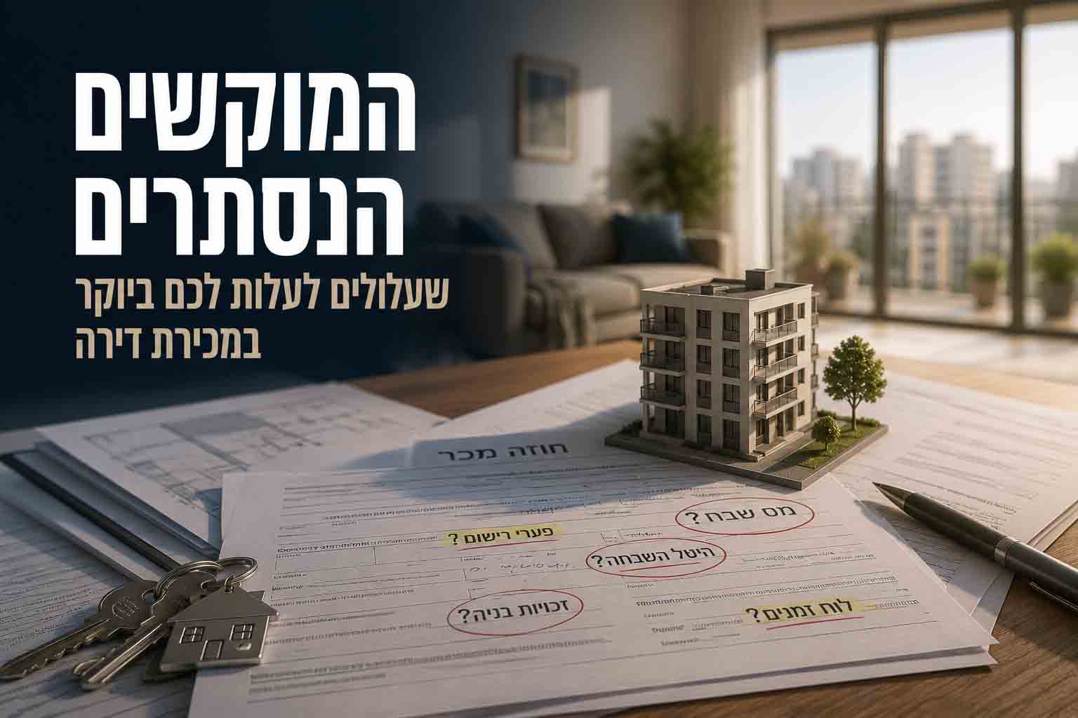 אילוסטרציה של מוקשים נסתרים לפני מכירת דירה, כולל בדיקות מס, רישום זכויות ולוחות זמנים בעסקת נדל״ן