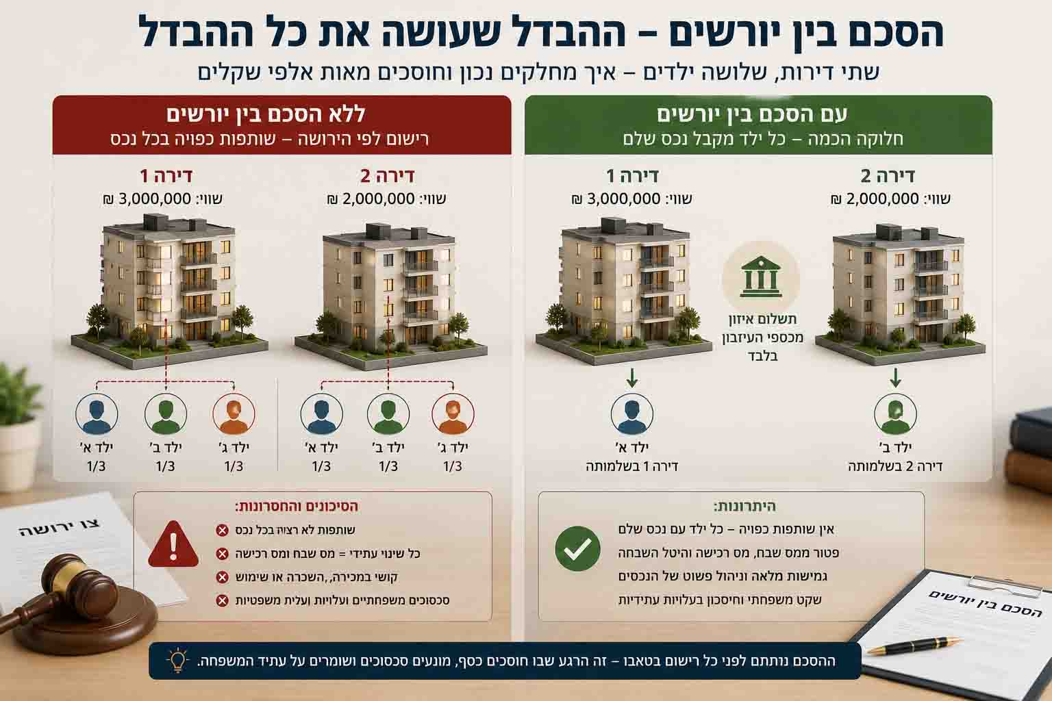 השוואה בין חלוקת עיזבון ללא הסכם בין יורשים לבין חלוקת נכסים שלמים בהסכמה