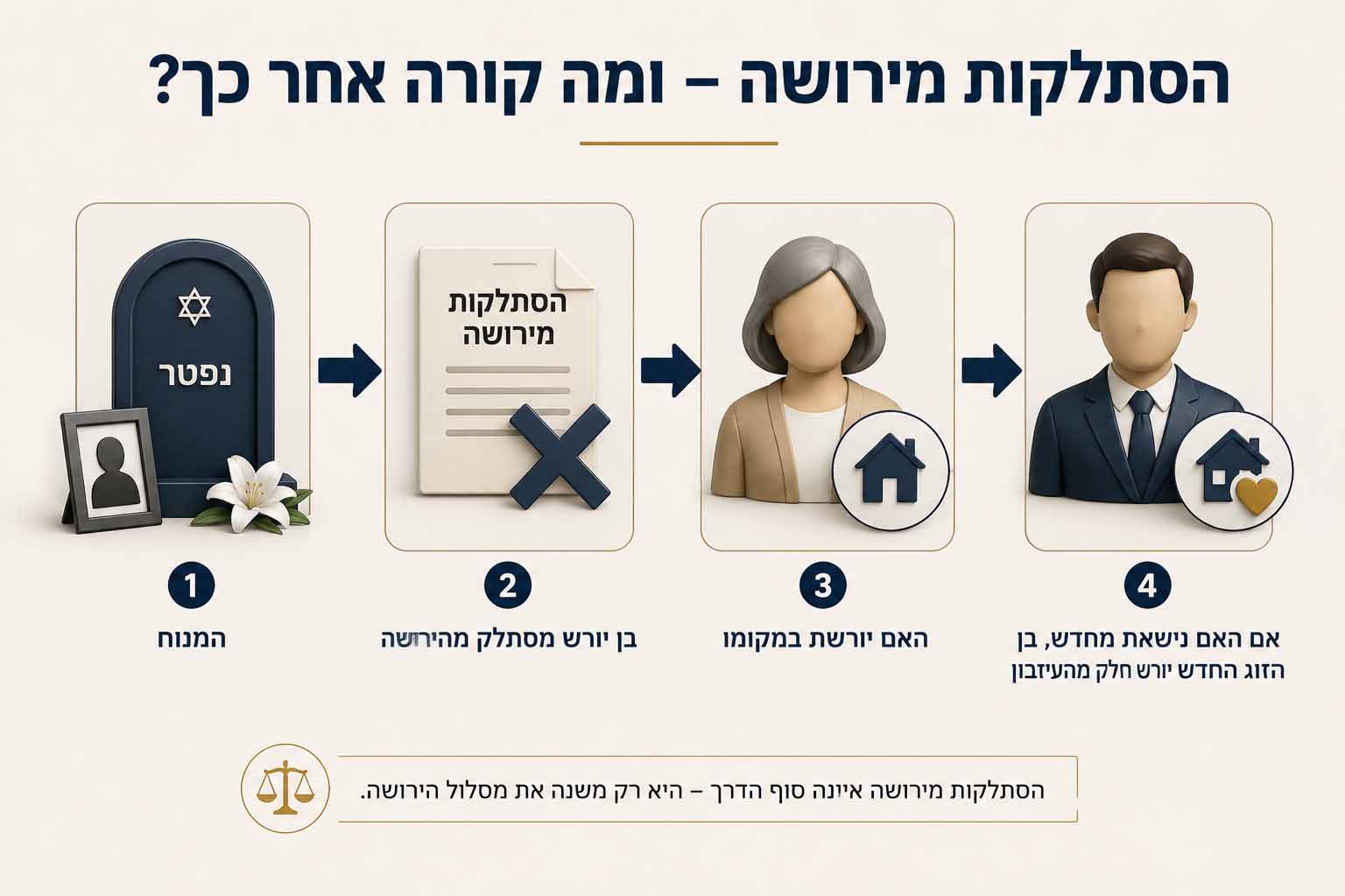 תרשים המתאר כיצד הסתלקות מירושה לטובת הורה עלולה להשפיע על חלוקת הירושה בעתיד.