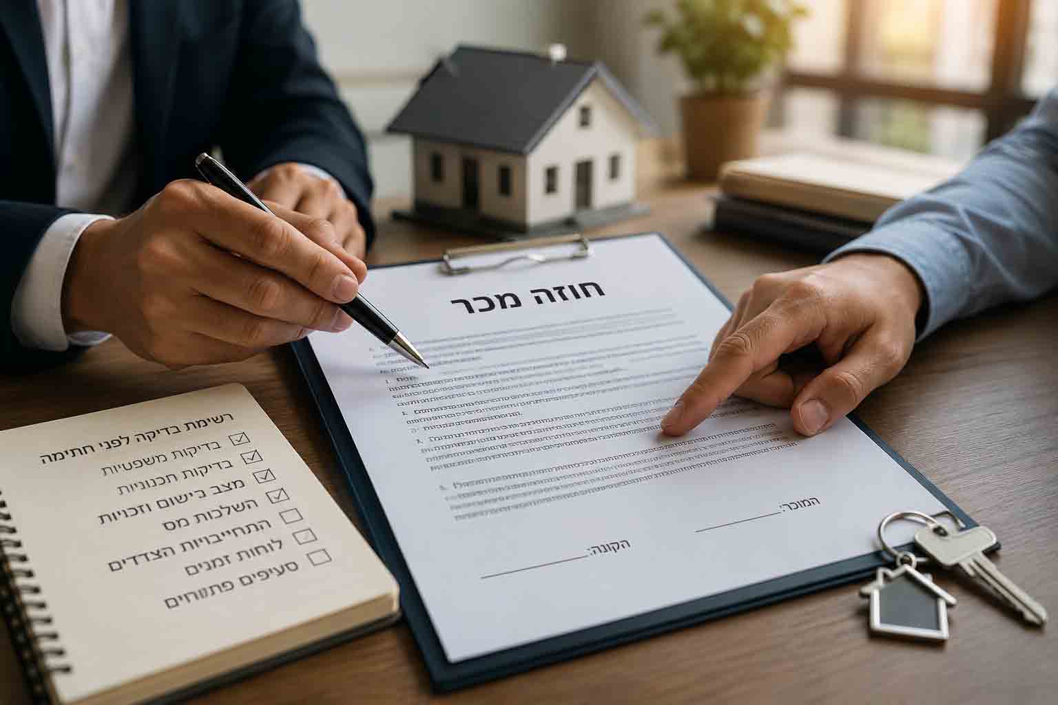 עורך דין ולקוח בוחנים חוזה מכר נכס ורשימת בדיקות לפני חתימה