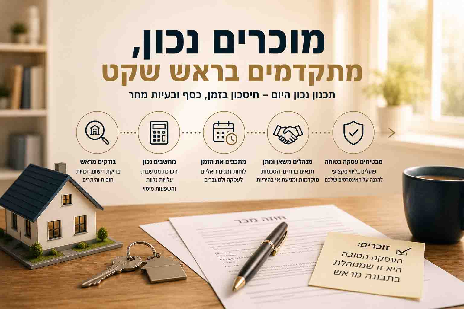 תרשים המציג את שלבי התכנון לפני מכירת דירה, כולל בדיקת זכויות, חישוב מס, לוחות זמנים וניהול סיכונים.
