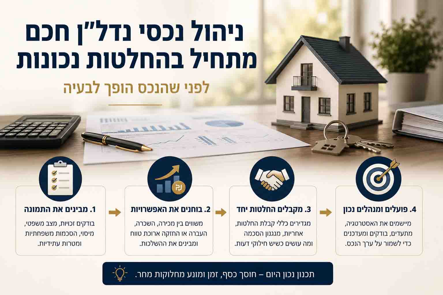 תרשים המסביר כיצד לקבל החלטות בניהול נכסי נדל״ן משפחתיים לפני מכירה, השכרה או העברת נכסים.