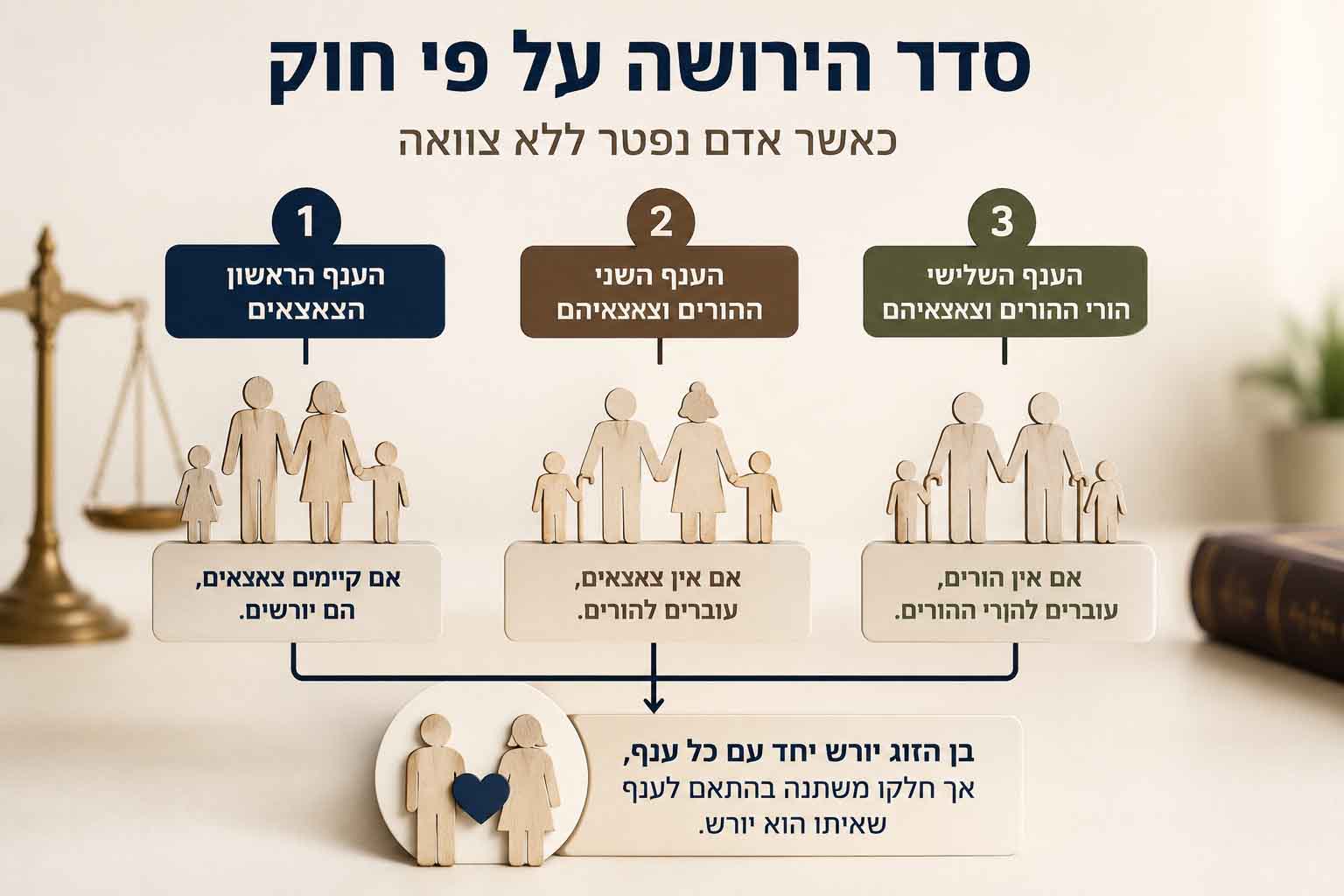 סדר היורשים על פי דין: צאצאים, הורים והורי הורים, לצד זכויות בן הזוג בירושה ללא צוואה