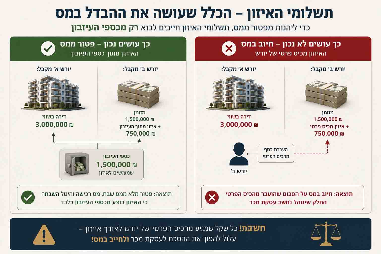 המחשה של כלל תשלומי האיזון בהסכם בין יורשים וההבדל בין פטור ממס לחיוב במס