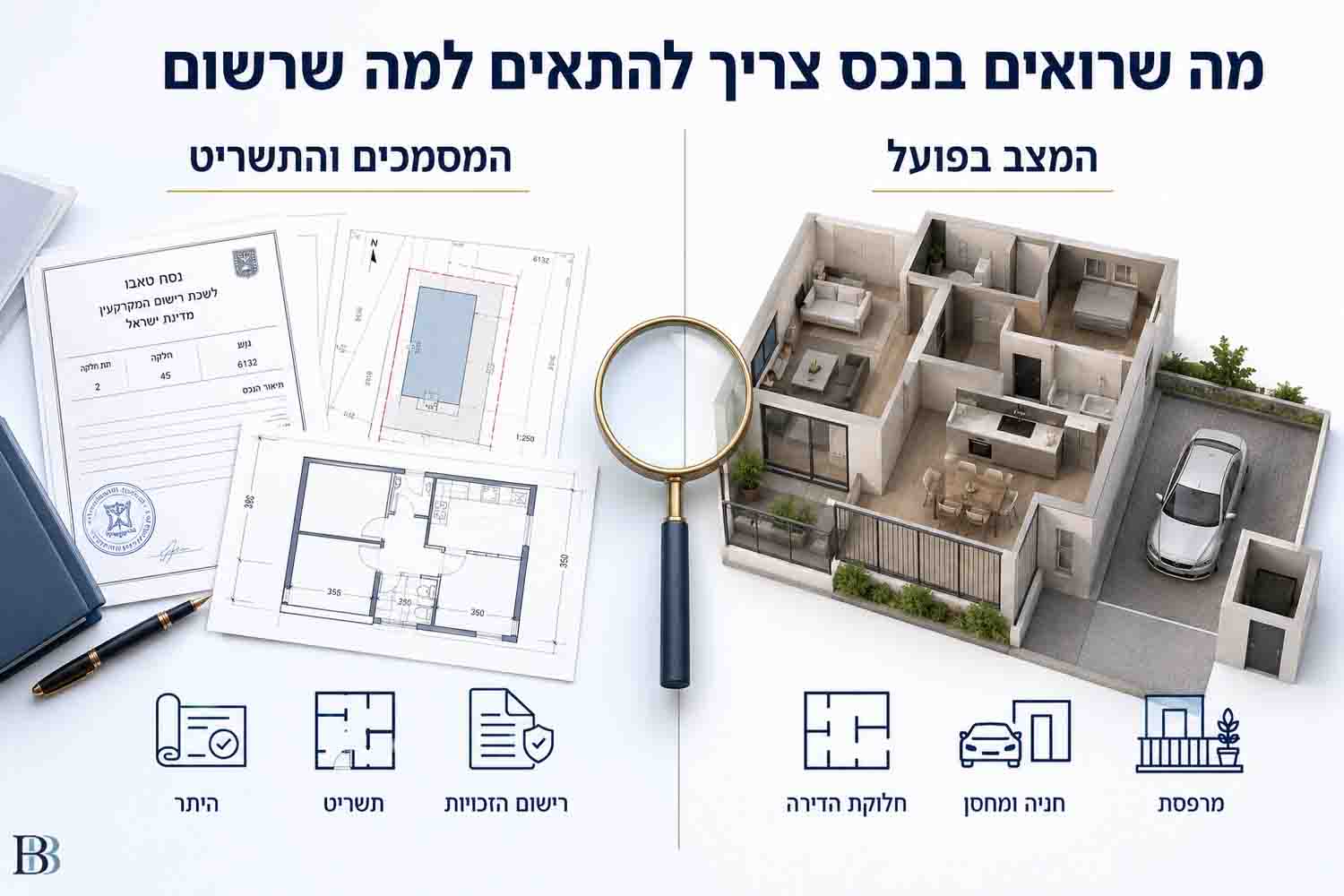 השוואה בין מצב הדירה בפועל לבין הרישום, התשריט והיתר הבנייה