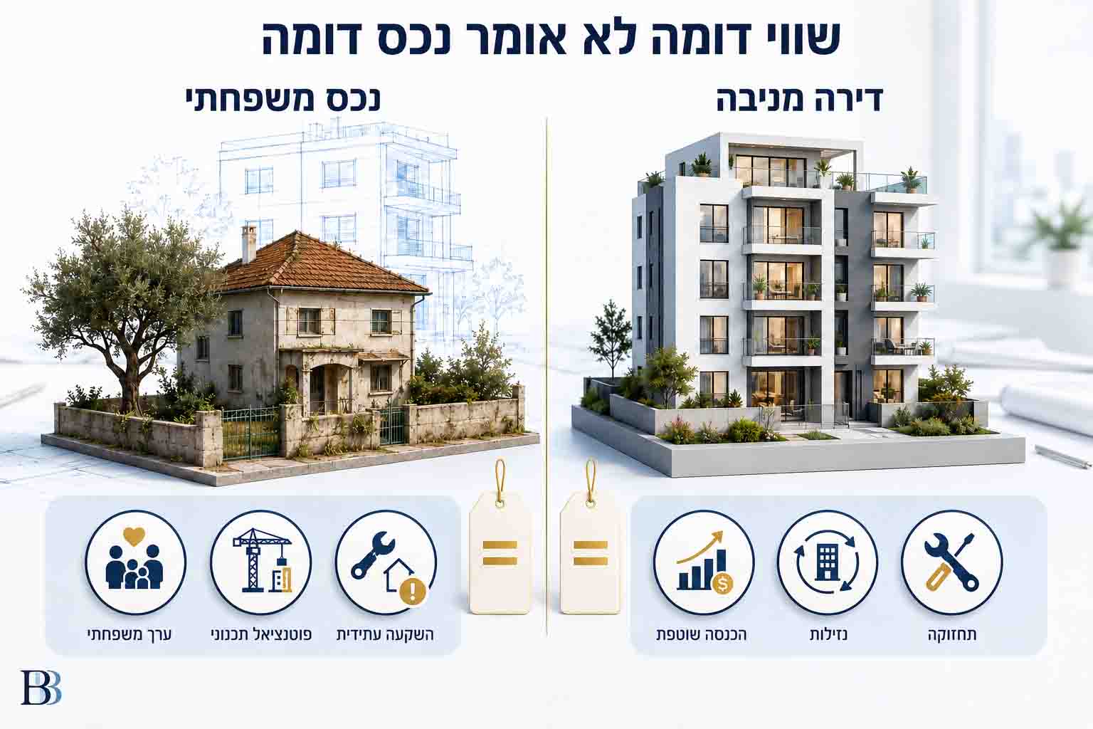שני נכסי נדל"ן בשווי דומה עם הבדלים בהכנסה, בתחזוקה ובפוטנציאל העתידי