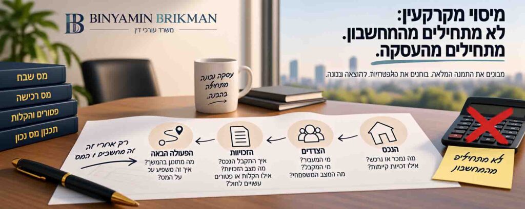 מיסוי מקרקעין - בדיקת הנכס, הצדדים, הזכויות והפעולות המתוכננות לפני חישוב המס.