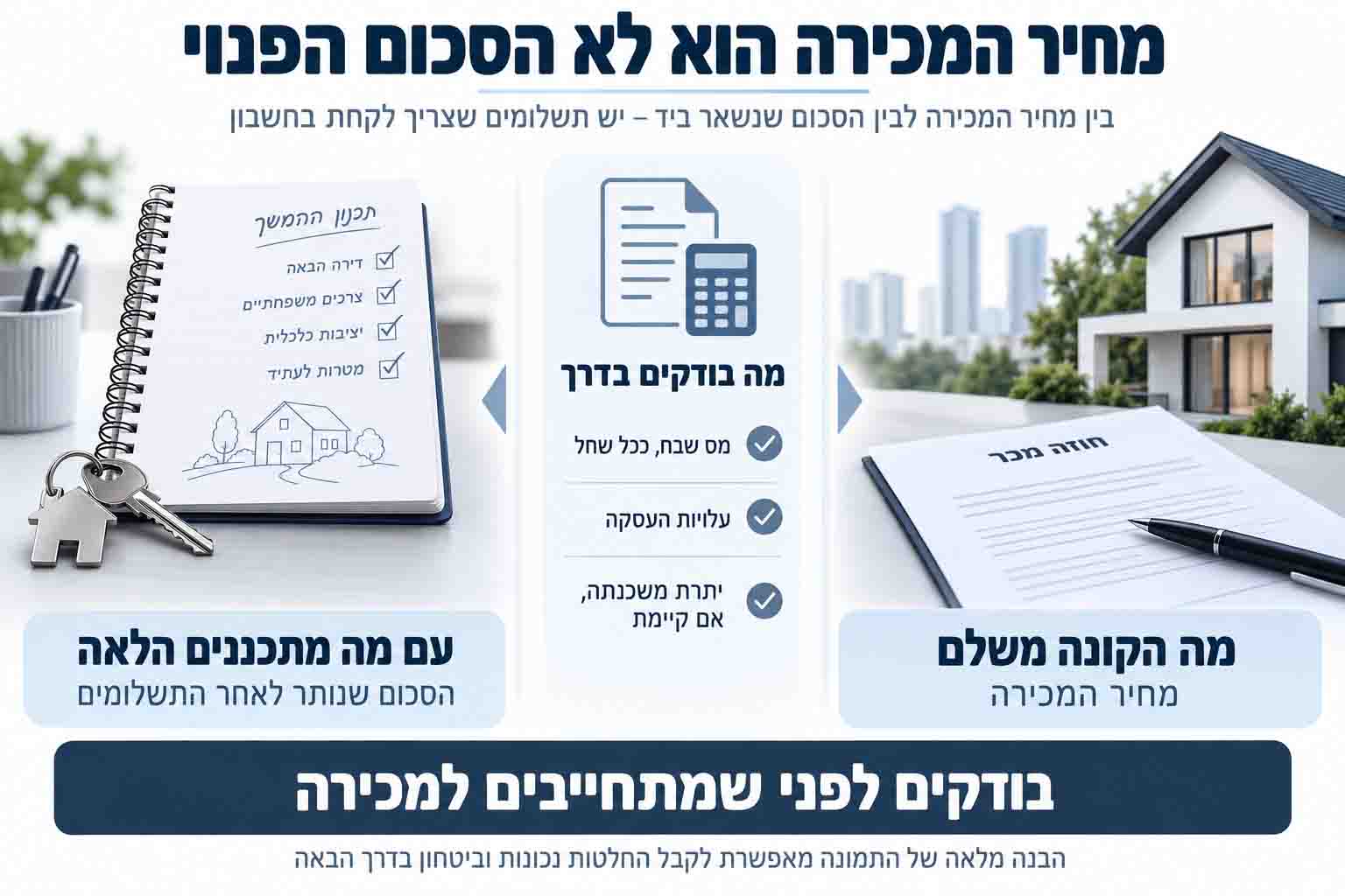 מעבר ממחיר מכירת הנכס לסכום שנותר לאחר מס, עלויות העסקה וסילוק יתרת משכנתה, ככל שקיימים.