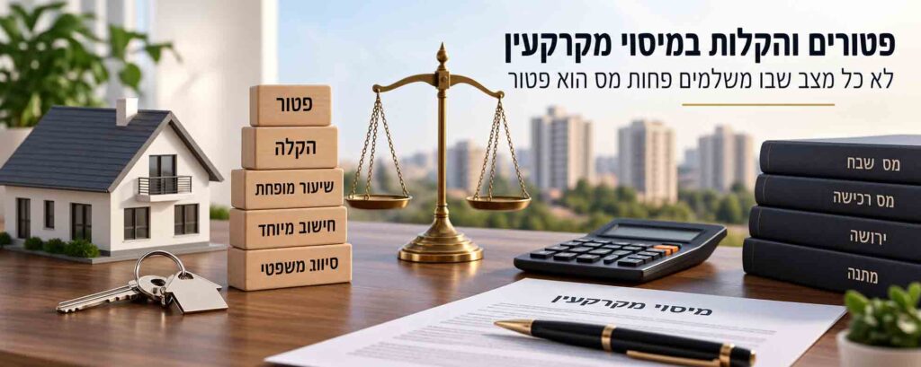 פטורים והקלות במיסוי מקרקעין - בית, מפתחות, מחשבון ומאזני צדק הממחישים מס שבח, מס רכישה והטבות מס.